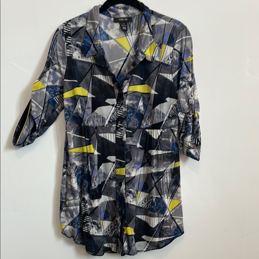 Style & Co Navy & Yellow Tunic w/Empire Waist, Geometric print, Size Medium